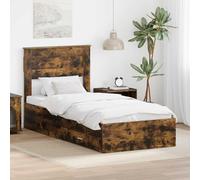 QJBSAVVA Cadre de lit 193 x 78 x 100 cm en bois dérivé du bois en chêne fumé et argenté, cadre de lit moderne avec espace de rangement, tiroirs pour célibataires, chambres d'adolescents, chambres