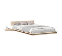 QJBSAVVA Cadre de lit au sol 135 x 190 cm en bois - Lit futon moderne marron avec table de chevet, lit double stable pour adultes, lit plat en bois massif minimaliste
