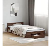QJBSAVVA Cadre de lit moderne 90 x 200 cm avec tiroir marron aspect chêne en bois dérivé du bois, sommier à lattes en contreplaqué, espace de rangement pratique, lit d'adolescent pour chambre à
