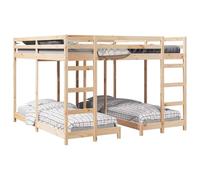 QJBSAVVA Cadre de Lit Superposé Triple Naturel 200x200 et 80x200 cm | Structure robuste en pin naturel pour dortoir et studio, optimisant l'espace avec ses échelles intégrées.