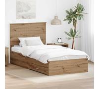 QJBSAVVA Cadre simple 100 x 200 cm - Chêne artisanal avec espace de rangement - Lit en bois moderne avec sommier à lattes et 2 tiroirs - Pour célibataires, chambre d'adolescent, chambre d'amis