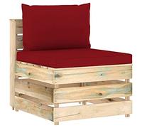 QJBSAVVA Canapé Central de Jardin en Palette de Bois, Fauteuil Modulaire de Milieu avec Coussins Rouge Vin, Siège Sectionnel en Pin Imprégné pour Terrasse et Balcon