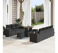 QJBSAVVA Canapé de jardin 10 pièces en polyrotin noir 90 x 55 x 71 cm avec espace de rangement et bois d'acacia - Salon moderne pour jardin, balcon et terrasse
