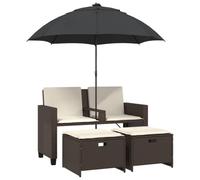 QJBSAVVA Canapé de jardin 2 places avec parasol et 2 tabourets, ensemble de meubles de jardin en polyrotin marron, canapé salon pour jardin, terrasse, balcon, avec coussins et taies d'oreiller