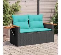 QJBSAVVA Canapé de jardin 2 places en polyrotin noir 124 x 62 x 69 cm avec table d'appoint pliante et coussins bleus, modulable et résistant aux intempéries, pour balcon, terrasse ou petit sanctuaire
