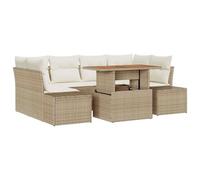 QJBSAVVA Canapé de Jardin Modulaire 7 Pcs en Polyrotin Beige | Mobilier modulable pour terrasse et jardin avec coffres de rangement intégrés sous chaque assise pour six personnes.
