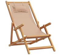 QJBSAVVA Chaise de Plage Pliable en Bois d'Eucalyptus Massif, Transat Inclinable 3 Positions avec Oreiller et Accoudoirs, Chilienne Confortable pour Jardin, Terrasse et Balcon, Taupe