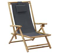 QJBSAVVA Chaise de relaxation pliable en bambou et tissu gris foncé, dossier réglable en 4 positions, fauteuil d'extérieur de qualité supérieure pour jardin, balcon et camping