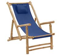 QJBSAVVA Chaise longue en bambou réglable en hauteur avec accoudoirs - Bleu marine - Chaise de jardin pliable en toile pour plage, balcon et terrasse - Fauteuil d'extérieur robuste avec dossier