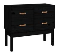 QJBSAVVA Console Armoire en Bois de Pin Massif Noir, Buffet Bas avec 4 Tiroirs et Poignées en Cuir PU, Meuble de Rangement pour Entrée, Salon et Bureau, 90 x 40 x 78 cm