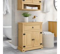 QJBSAVVA Corona Armoire de salle de bain rustique, 70 x 33 x 80 cm, en pin massif avec finition cire miel, 1 tiroir, 2 portes, poignées en métal, armoire de salle de bain rustique, avec support mural