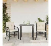 QJBSAVVA Ensemble bistro 3 pièces - Table de jardin en polyrotin noir 80 x 80 cm avec 2 chaises et coussins blanc crème - Ensemble de meubles de salon moderne pour balcon, jardin et terrasse