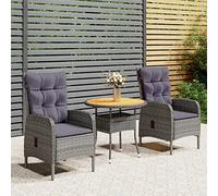 QJBSAVVA Ensemble bistro de jardin 3 pièces en polyrotin - Gris - Table ronde de 80 cm et 2 fauteuils réglables avec plateau en bois d'acacia - Design moderne - Robuste et peu encombrant - Pour balcon
