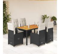 QJBSAVVA Ensemble bistro de jardin 7 pièces en polyrotin noir avec table en bois d'acacia 150 x 90 cm, dossier réglable, coussins crème, peu encombrant, pour petits balcons, terrasse et jardin