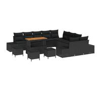 QJBSAVVA Ensemble Canapé de Jardin 14 Pièces, Salon de Jardin Modulable en Résine Tressée Noir avec Table en Bois d'Acacia et Coussins Déhoussables pour Terrasse et Extérieur