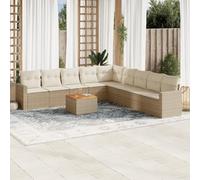 QJBSAVVA Ensemble de 10 canapés de jardin beige en polyrotin, 65,5 x 62 x 69 cm, aspect salon modulaire, avec table en bois d'acacia, pour jardin, terrasse, balcon et cour