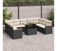 QJBSAVVA Ensemble de 10 canapés de jardin en polyrotin noir 409 x 55 x 69 cm avec espace de rangement et table en bois d'acacia design moderne pour jardin, balcon, terrasse