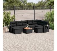 QJBSAVVA Ensemble de 10 canapés de jardin en polyrotin noir, 55 x 55 cm, groupe de salon complet avec table en bois d'acacia pour jardin, terrasse et petit balcon Design moderne