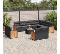 QJBSAVVA Ensemble de 13 meubles de jardin en polyrotin noir avec canapé d'angle et canapé central et table de 55 x 55 cm, plateau en bois d'acacia résistant aux intempéries pour balcon, terrasse