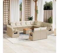 QJBSAVVA Ensemble de 14 meubles de jardin - En polyrotin - Beige - Canapé central - Avec étagères pliables - Table en bois d'acacia de 55 cm de large - Modulaire - Pour balcon, terrasse, salon de