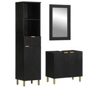 QJBSAVVA Ensemble de 3 meubles de salle de bain en bois noir avec miroir, meuble de lavabo et armoire de salle de bain 62 x 33 x 58 cm Élégant et pratique pour salle de bain moderne