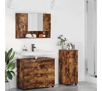 QJBSAVVA Ensemble de 3 meubles de salle de bain en chêne fumé : meuble sous lavabo 76,5 x 35 x 64 cm, armoire à miroir, tabouret de salle de bain avec espace de rangement