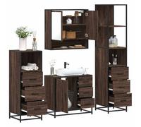 QJBSAVVA Ensemble de 4 armoires de salle de bain, marron, aspect chêne, en bois et métal, à miroir, meuble haut et meuble bas, meuble de salle de bain élégant avec beaucoup d'espace de rangement