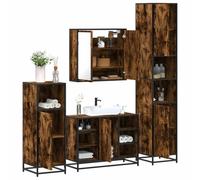 QJBSAVVA Ensemble de 4 meubles de salle de bain chêne fumé en bois et métal avec miroir, meuble de lavabo et armoire de salle de bain élégant et pratique pour salle de bain moderne
