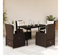 QJBSAVVA Ensemble de 5 meubles de jardin en polyrotin avec table à manger en verre trempé de 140 x 70 cm et chaise relax réglable, marron, pour balcon, terrasse et petits jardins