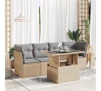 QJBSAVVA Ensemble de 5 meubles de jardin en polyrotin beige avec table de jardin réglable en hauteur, espace de rangement, groupe de sièges d'extérieur, balcon, terrasse, camping