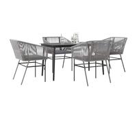 QJBSAVVA Ensemble de 5 meubles de jardin en rotin synthétique : 140 × 70 × 74 cm table + 4 chaises avec coussins gris clair, structure en acier, plateau en verre trempé