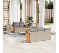 QJBSAVVA Ensemble de 6 canapés de jardin en polyrotin beige avec table en bois d'acacia - Mobilier de balcon modulaire - 55 cm de large - Pliable - Pour petits balcons, terrasse et salon de jardin