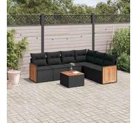 QJBSAVVA Ensemble de 7 canapés de jardin en polyrotin noir avec espace de rangement et table en bois d'acacia 55 x 55 cm Assise résistante aux UV et modulaire pour balcon, jardin, terrasse
