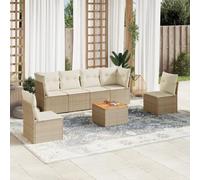 QJBSAVVA Ensemble de 7 meubles de jardin beige en polyrotin 62 x 62 x 69 cm, canapé d'angle avec espace de rangement, table en bois d'acacia, coussins d'assise et coussins de dossier, salon