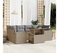 QJBSAVVA Ensemble de 7 meubles de jardin en polyrotin beige avec table réglable en hauteur 100 x 55 cm - Salon de jardin modulaire - Peu encombrant - Pour balcon, jardin, terrasse et petites surfaces