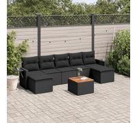 QJBSAVVA Ensemble de 8 canapés de jardin en polyrotin noir avec coussins, étagères pliantes, table en bois d'acacia modulaire, coin salon pour terrasse, balcon, petites surfaces