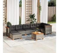 QJBSAVVA Ensemble de 8 canapés de jardin - Gris - En polyrotin - Bois d'acacia - 63,5 x 63,5 x 62 cm - Canapé d'angle avec module central - Tabouret 55 x 55 x 36 cm - Table d'assise confortable