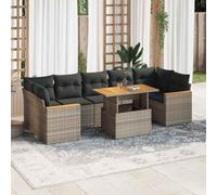 QJBSAVVA Ensemble de 8 meubles de jardin en polyrotin gris 62 x 62 x 69 cm avec espace de rangement et table en acacia peu encombrant modulable comme balcon, salon ou petit salon de jardin pour