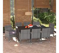 QJBSAVVA Ensemble de 9 meubles de jardin en polyrotin gris avec table en aluminium et verre de 190 cm et 8 chaises pliantes rembourrées, design moderne, robuste et durable, pour balcon, terrasse et