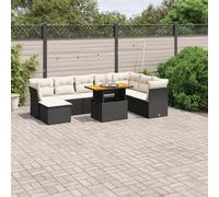 QJBSAVVA Ensemble de 9 meubles de jardin - En polyrotin - Noir - Canapé d'angle - Table centrale - Tabouret - 62 x 62 x 69 cm - Plateau réglable pour balcon, terrasse et jardin