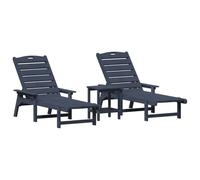 QJBSAVVA Ensemble de Bain de Soleil 3 Pièces Bleu Marine, Salon de Jardin avec 2 Transats Réglables en Polyéthylène et 1 Table Basse, Chaise Longue Extérieure pour Terrasse