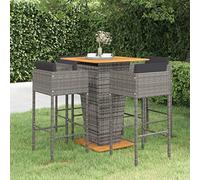 QJBSAVVA Ensemble de bar de jardin 5 pièces en polyrotin gris et bois d'acacia - 80 x 80 x 110 cm - Avec 4 tabourets de bar 50 x 48 x 100 cm - Avec coussins - Mobilier de balcon moderne - Pour