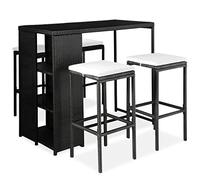 QJBSAVVA Ensemble de bar de jardin 5 pièces - En polyrotin noir - 120 x 60 cm - Avec coussins blanc crème - Peu encombrant - Avec table de bar et 4 tabourets de bar - Pour balcon, terrasse et jardin