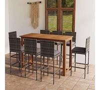 QJBSAVVA Ensemble de bar de jardin 9 pièces en bois d'acacia 150 x 70 x 105 cm avec 8 tabourets en polyrotin et coussins anthracite - Salon moderne pour extérieur, balcon, terrasse