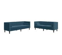 QJBSAVVA Ensemble de Canapé Chesterfield 2 et 3 Places en Velours Bleu, Canapés Capitonnés avec 4 Oreillers de Traversin, Cadre en Bois Massif pour Salon et Bureau