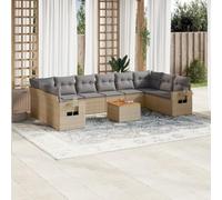 QJBSAVVA Ensemble de canapé de jardin 11 pièces Beige avec table en bois d'acacia modulaire en polyrotin 55 x 55 cm Assise étagères de rangement confortables pour petits balcons, terrasses, jardins