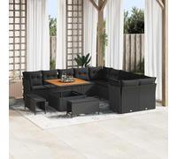QJBSAVVA Ensemble de canapé de jardin 13 pièces noir 100 x 100 x 71 cm en polyrotin / bois d'acacia - Hauteur réglable - Salon de balcon