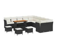 QJBSAVVA Ensemble de Canapé de Jardin 14 Pièces Noir et Crème, Salon de Jardin Modulable en Résine Tressée avec Table Réglable en Bois d'Acacia et Coussins pour Terrasse et Balcon
