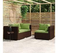 QJBSAVVA Ensemble de canapé de jardin 3 pièces marron - 70 x 70 cm - Module d'angle en rotin synthétique résistant aux intempéries - Avec coussins verts - Design moderne pour jardin, balcon et