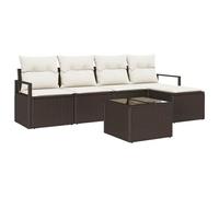 QJBSAVVA Ensemble de Canapé de Jardin 6 Pièces en Résine Tressée Marron et Crème - Salon de Jardin Modulaire avec Rangement Intégré, Table et Pouf - Mobilier Extérieur pour Terrasse et Balcon